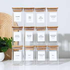 Empty Spice Jars with Label Pack (12x Bamboo Lid Glass Jar). Small 8oz Spice Storage Bottles with 72 Printed Spice Stickers and 20 Writable Pantr
